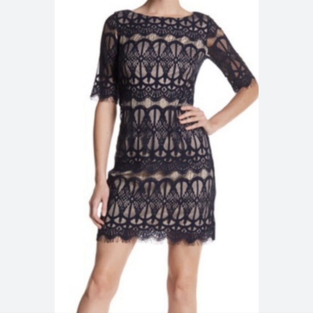 Eliza J Black Lace With Tan Lining Formal Short Sleeve Dress Sz 6